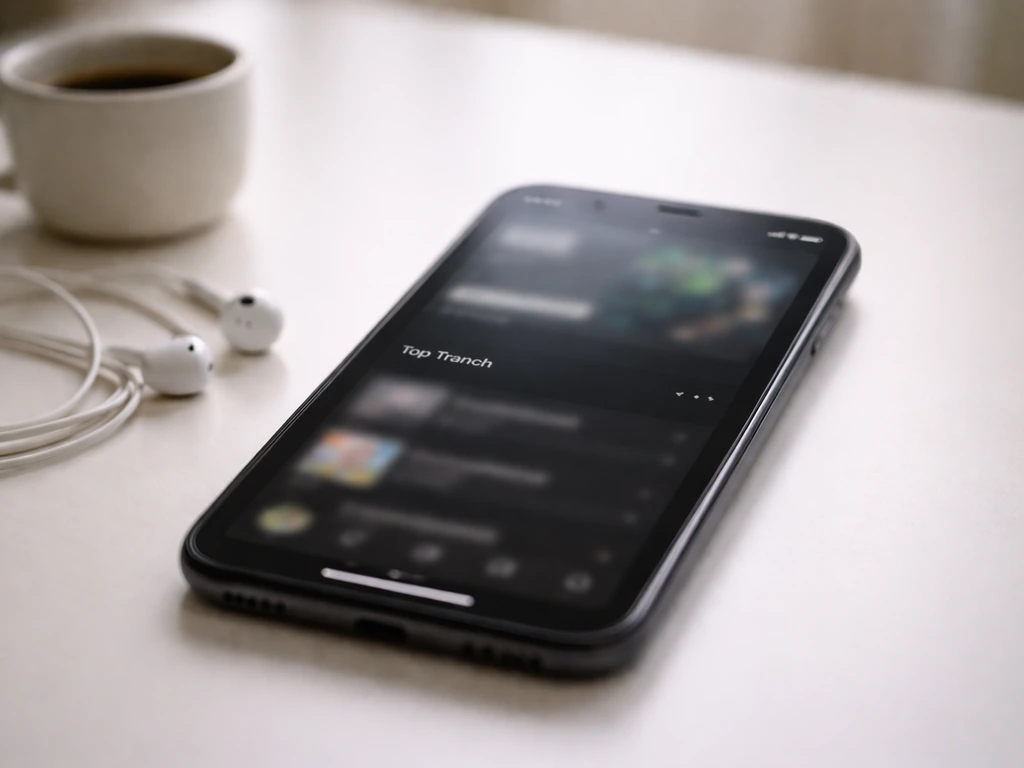 Smartphone on a desk with blurred streaming metrics, earbuds, and a coffee cup suggesting royalties.