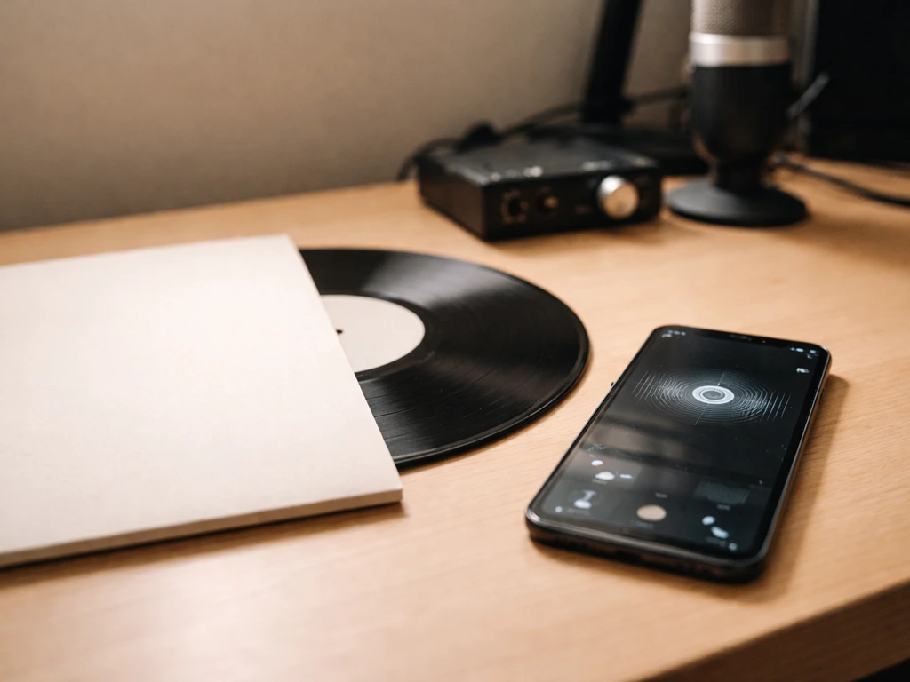 Minimal photo of studio music credits vibe: vinyl record and music notes beside a smartphone displaying audio metadata w