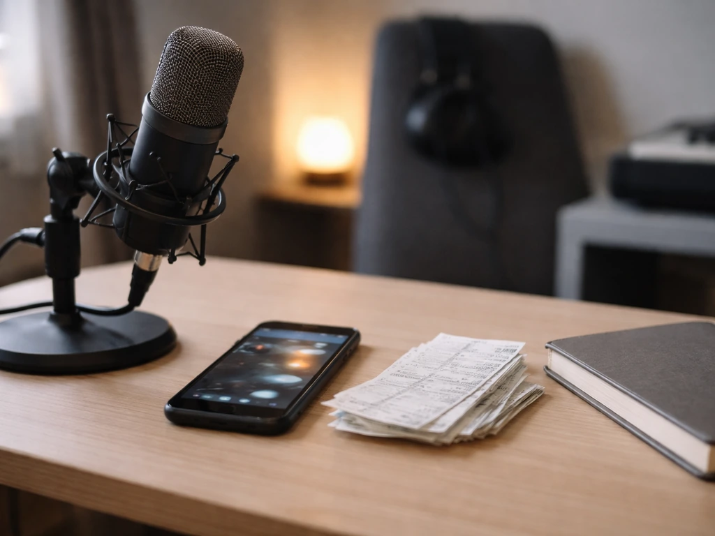 Minimal desk scene with a microphone, smartphone, and scattered cash receipts suggesting earnings analysis