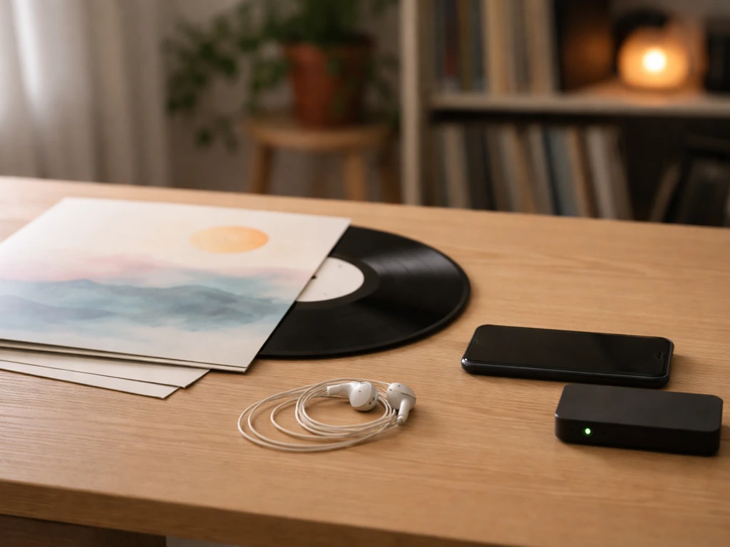 Close-up of vinyl record sleeve and streaming-style playback device in a quiet studio setting