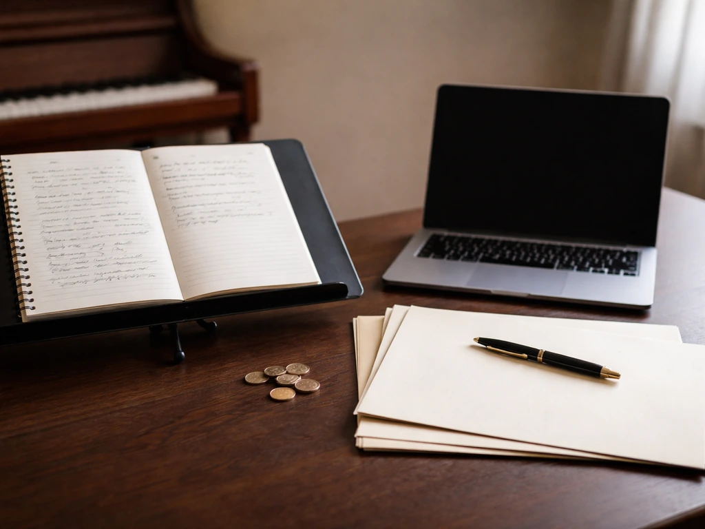 Open songwriting notebook beside a piano, with subtle music publishing paperwork and coins on a desk
