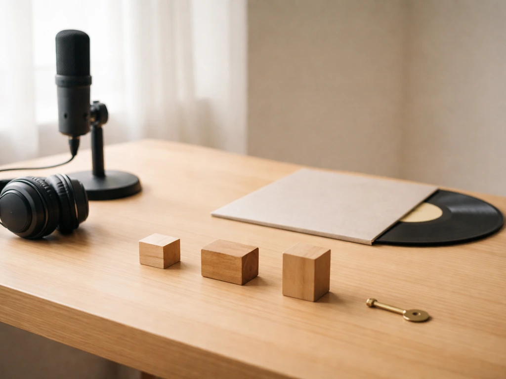 Minimal studio desk with microphone and a simple timeline-themed set of milestones using objects, not text