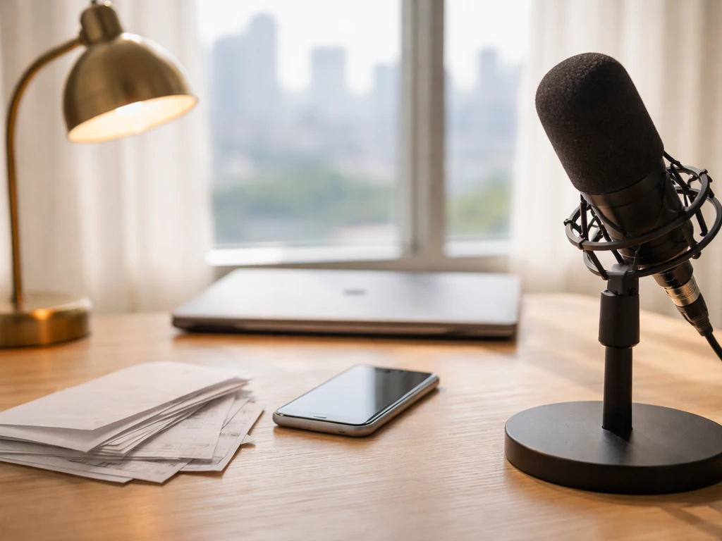 Minimal desk scene with smartphone, receipts, and a microphone suggesting how net worth figures are sourced.