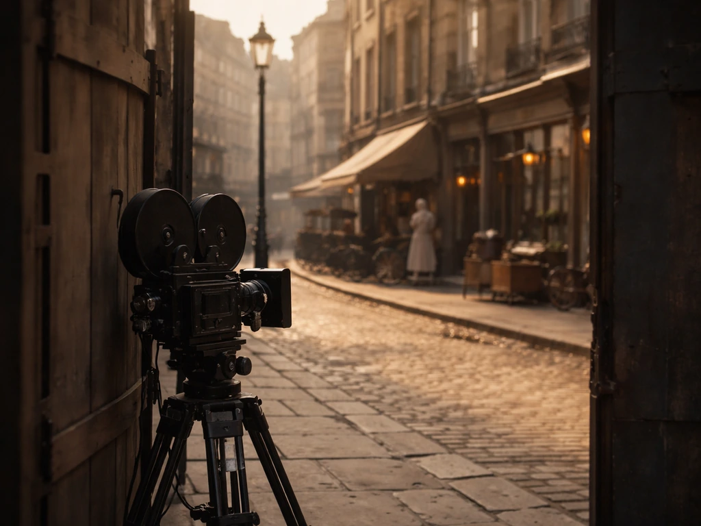 Vintage film camera on a quiet period-style studio set street, cinematic film-work atmosphere.