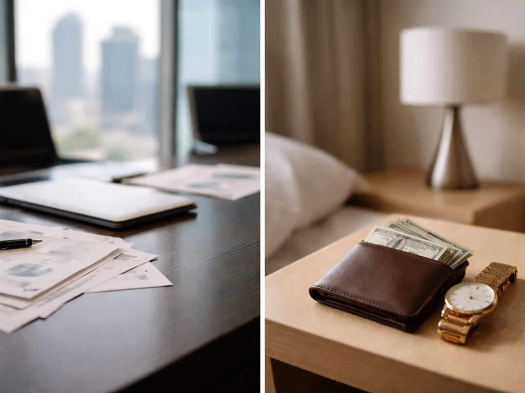 Split-style photo showing corporate finance on one side and personal wealth on the other, with no text.