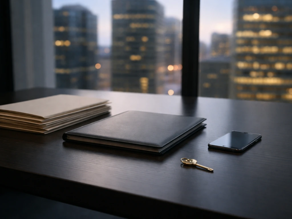 Minimal office desk scene with key and documents, symbolizing corporate control and ownership structure.