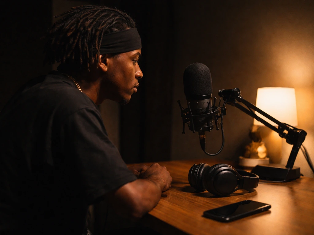 Haitian rapper in a minimal studio with microphone and headphones, calm nighttime lighting.