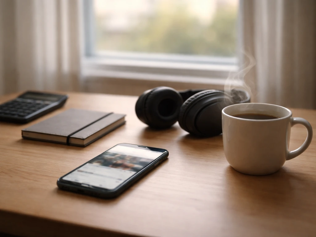 Minimal photo of a desk setup with smartphone, notebook, and calculator symbols for estimating ad revenue
