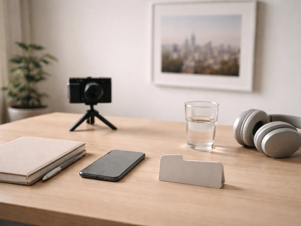 Minimal desk scene symbolizing limited public asset documentation, with camera gear and a smartphone.
