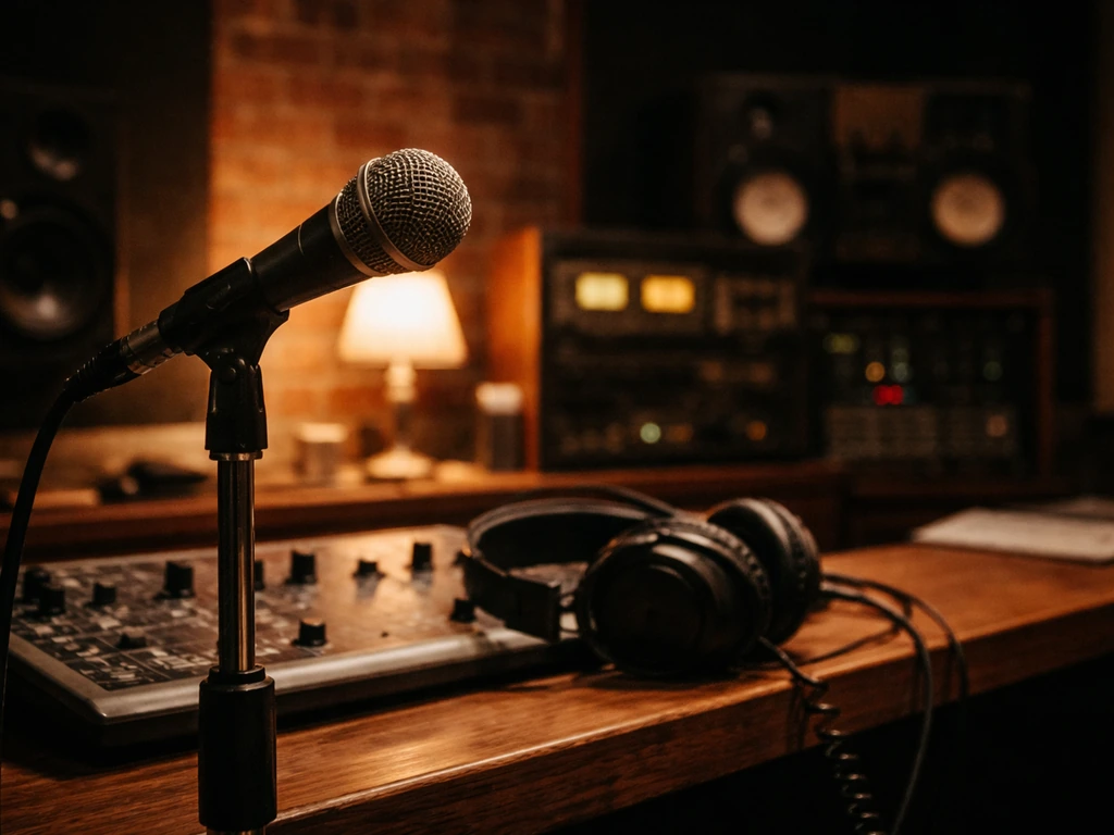 Empty recording studio control room with a vintage microphone and headphones under warm light.