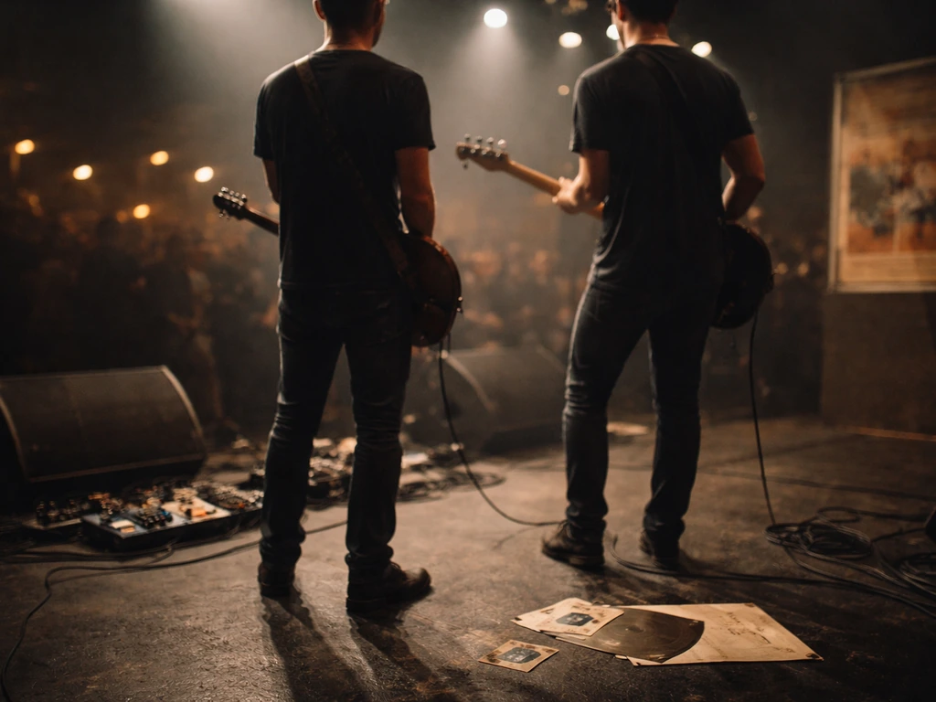 Anonymous band members on a dim stage with touring passes and a record sleeve, symbolizing career milestones.