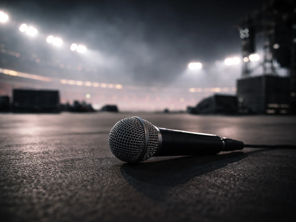 Handheld concert microphone on a stadium stage with distant lights and subtle haze, no performers visible.
