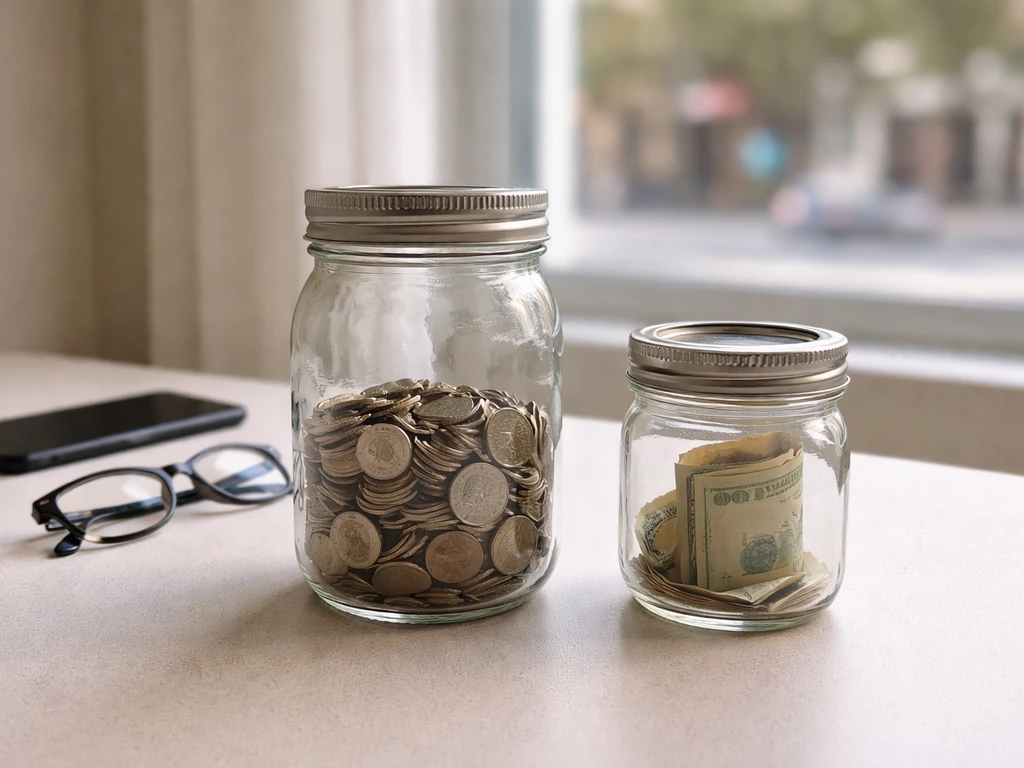 Minimal desk scene with two jars of money suggesting gross inflow versus remaining profit.