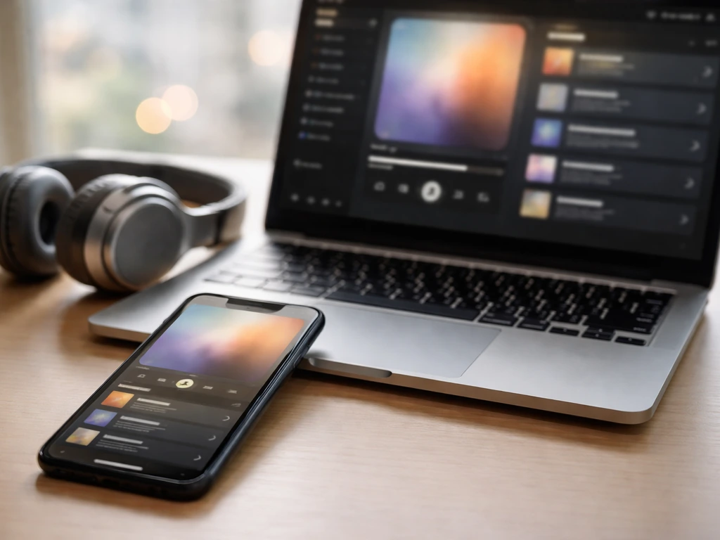 Smartphone and laptop on a desk showing an abstract music streaming playback concept, with headphones nearby.