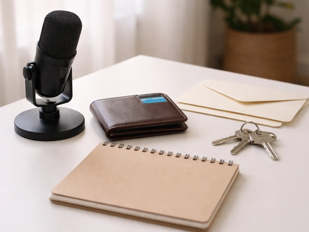 Minimal desk scene showing envelopes, a bank card, and keys beside a studio microphone and notebook