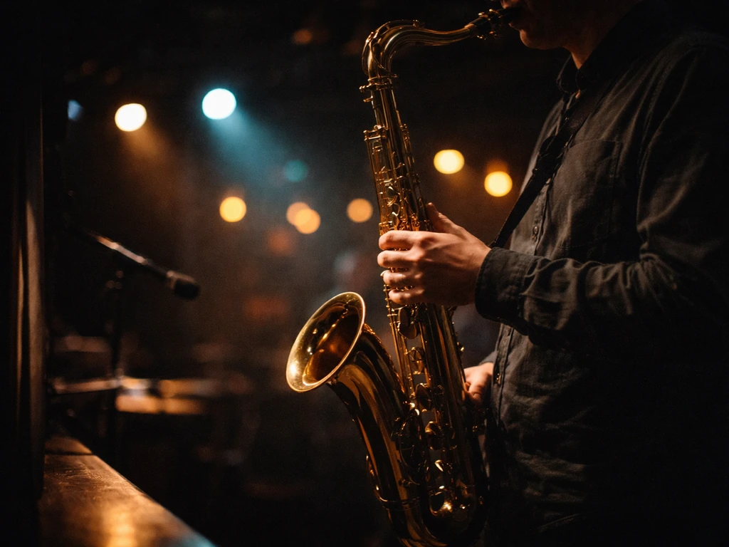 Anonymous saxophonist playing on stage under blue and warm concert lights