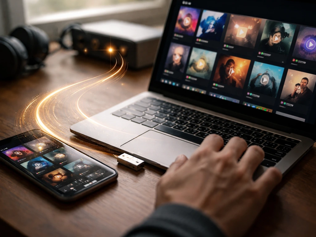 Hand uses laptop and smartphone streaming screens, with subtle golden light suggesting royalty flow.