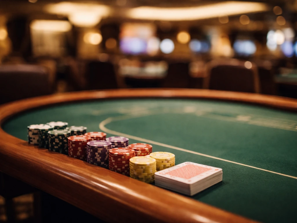 Empty baccarat table with stacked chips and cards in warm casino light, no people visible.