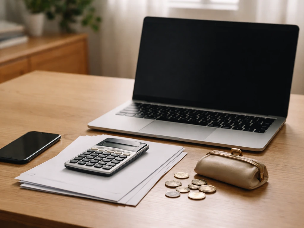 Minimal desk with calculator, coins, papers, and a laptop suggesting financial calculations.