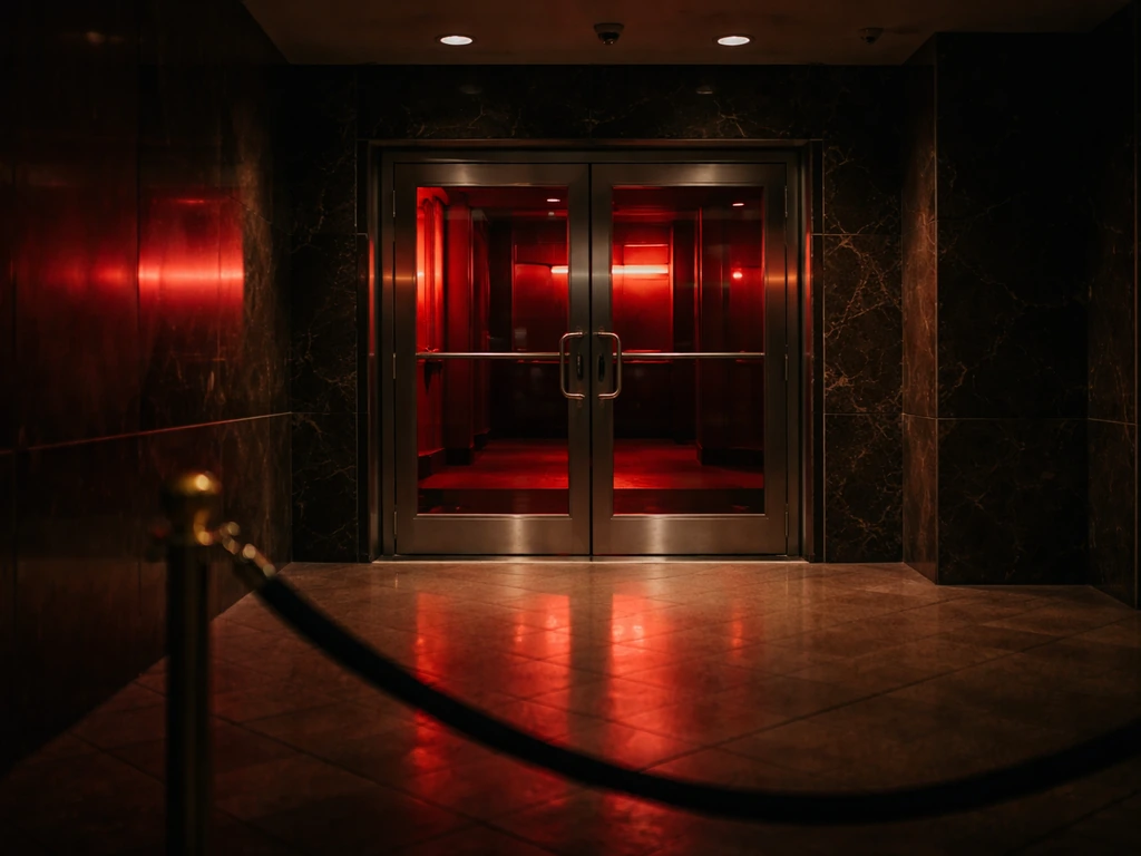 Empty casino entrance at night with a closed door and warning sign vibe, suggesting bans and controversy