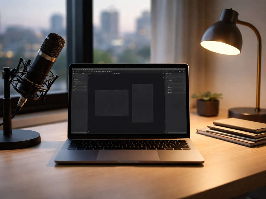 Minimal tech studio desk with laptop and microphone, city light through window, symbolic of product design leadership.