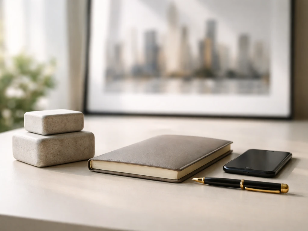 Minimal finance desk with pen and notebook, plus stacked stone milestones hinting at funding growth.