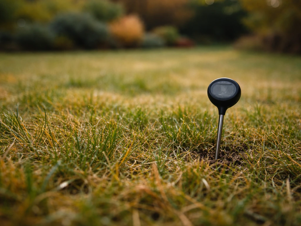 Pelouse de fin d’automne avec rosée, légère reprise, petit thermomètre de jardin discret au sol