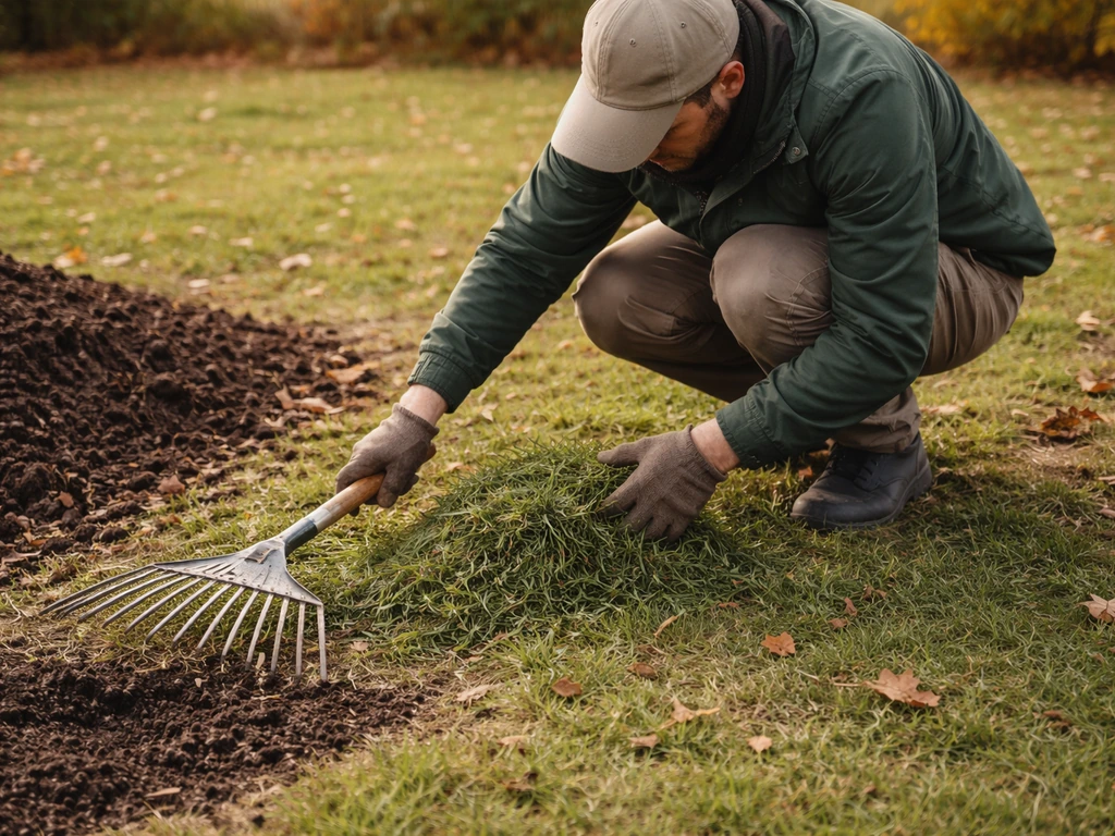 Un jardinier anonyme ratisse l’herbe coupée en automne et la rassemble en tas sur la pelouse.