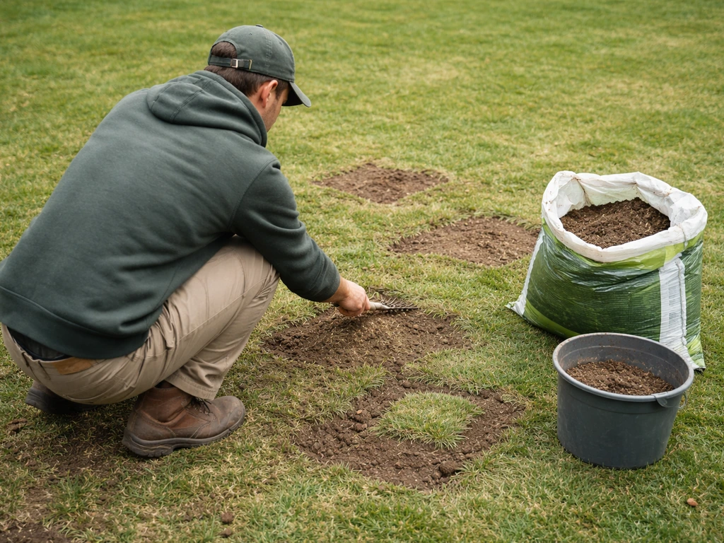Un jardinier scarifie et regarnit quelques micro-zones dénudées de pelouse au printemps.