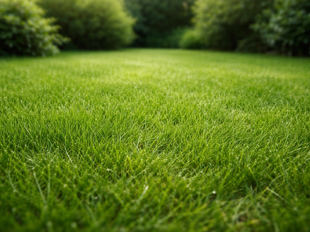 Belle pelouse dense et humide, vert profond, texture fine, légèrement ombragée dans un jardin du Nord.