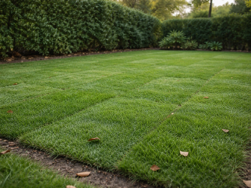 Gazon dense et vert, en zone ombragée et légèrement humide, texture de plaques visibles dans un jardin.