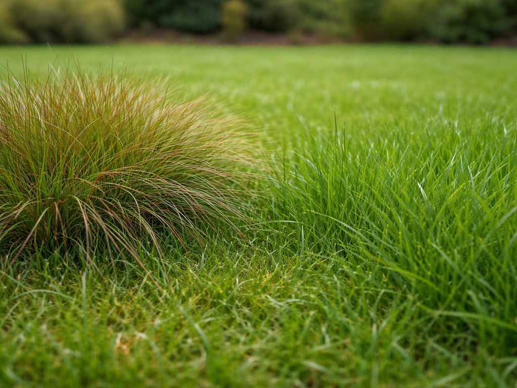 Gros plan de touffes de fétuque rouge et pâturin, avec textures fines sur une pelouse du nord.