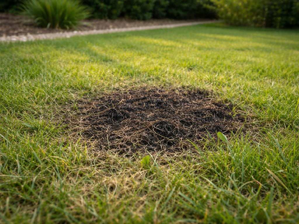 Pelouse de jardin avec une zone localisée noircie et terne, laissant voir les signes du gazon noir