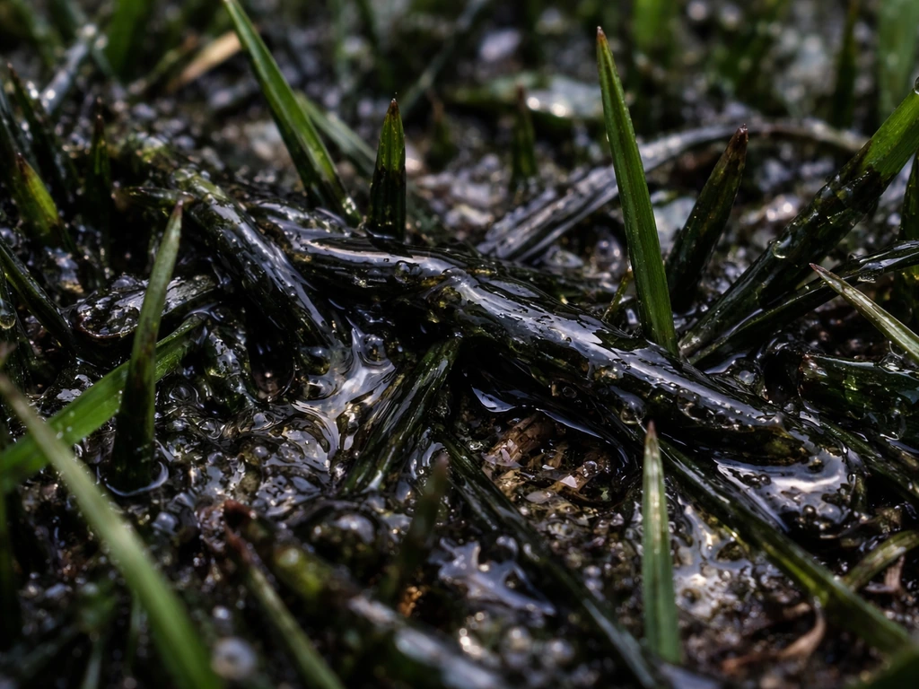 Gros plan sur des brins d’herbe couverts d’une pellicule noire brillante et légèrement gluante, aspect d’algues/biofilm.