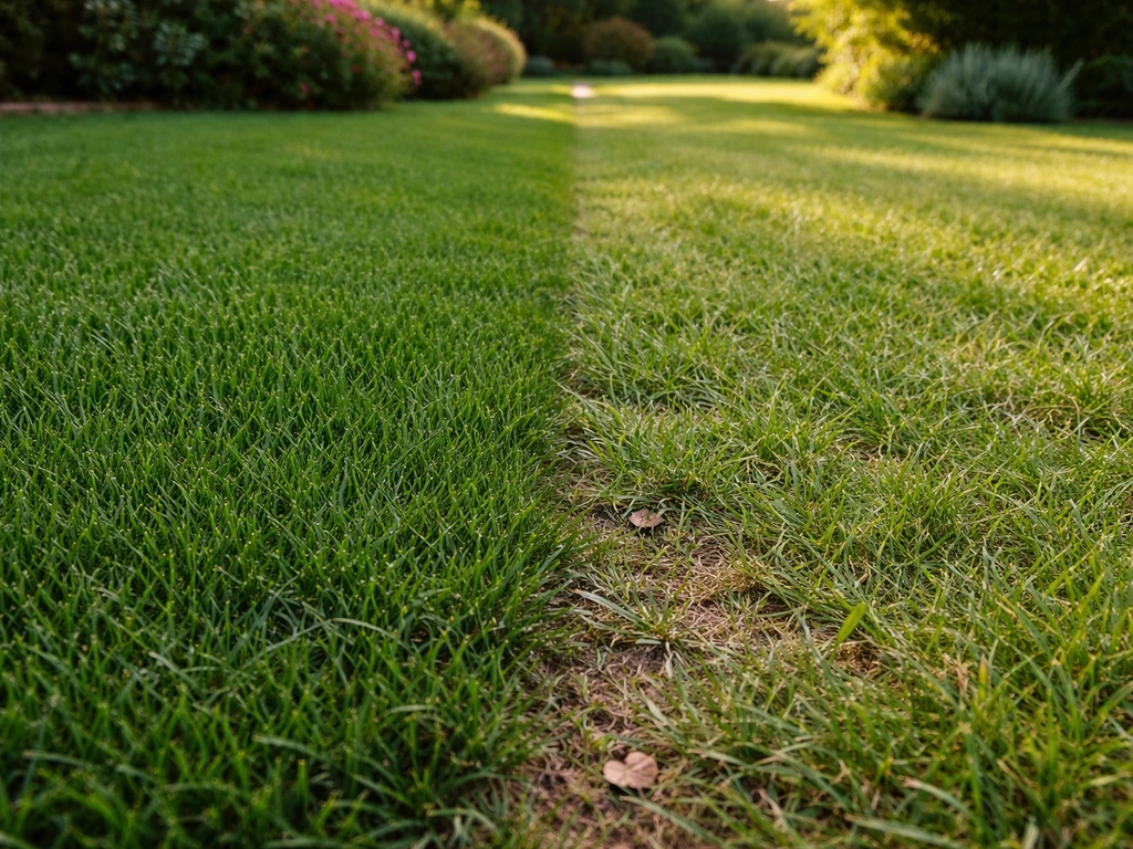 Deux zones de pelouse côte à côte : ray-grass dense et vert foncé face à fétuques aux teintes plus variées.