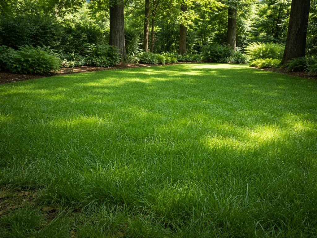 Pelouse ombragée sous des arbres, herbe fraîche de fétuques rouges et zone moins ensoleillée