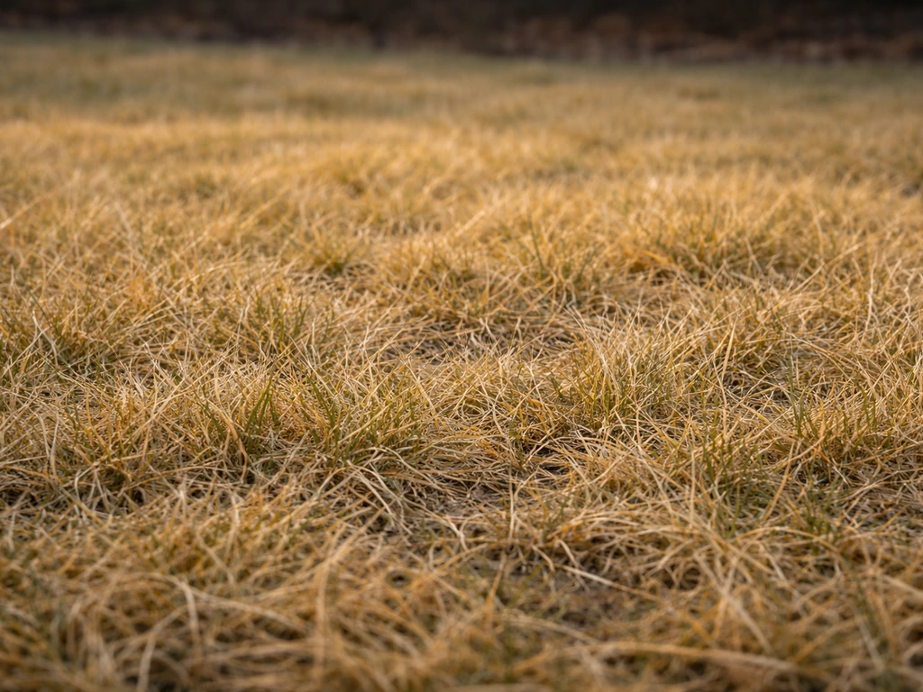 Pelouse d’hiver uniformément jaunie, brins en repos végétatif, sol humide et éclairage naturel doux.