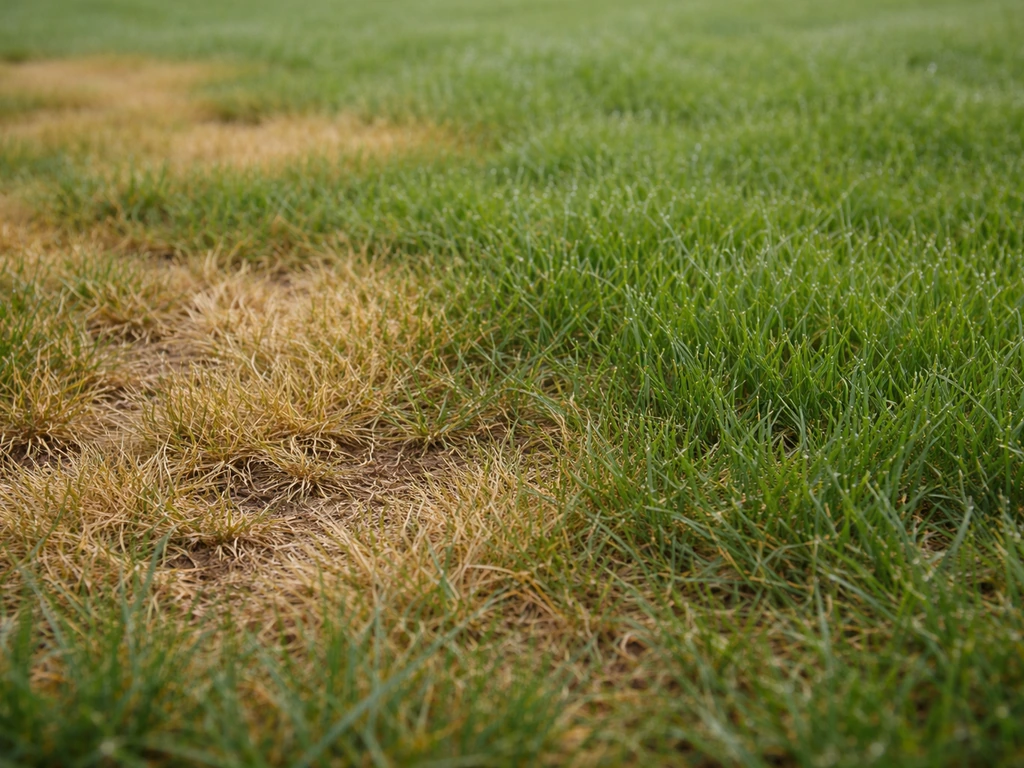 Gros plan sur une zone de pelouse, alternant parties jaunies et zones vertes, inspection visuelle des brins.