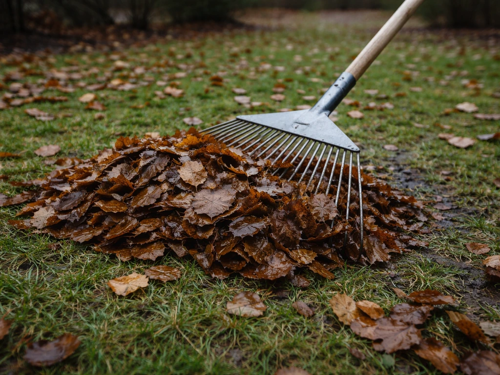 En hiver, une main râteau ramasse des feuilles mortes sur une pelouse humide, vue rapprochée et naturelle.