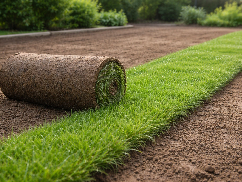 Pelouse en rouleau fraîchement posée, rouleaux en cours de déroulage, terre préparée et herbe dense.