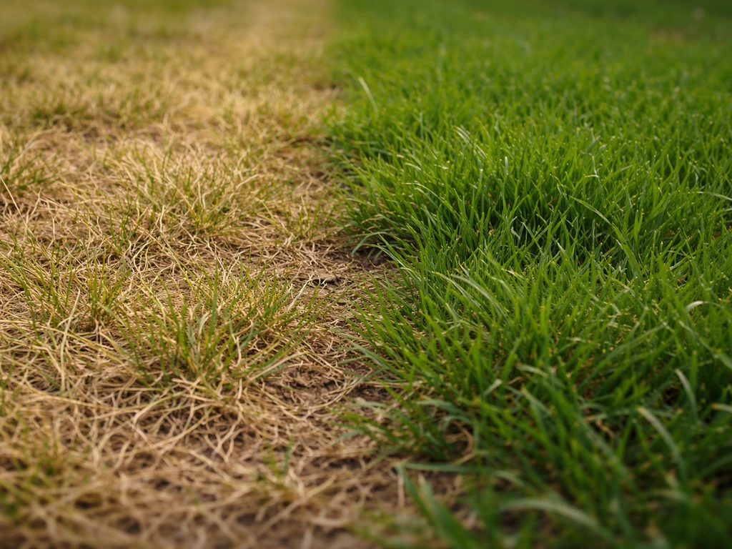 Gros plan au sol : gazon jaune et clairsemé à gauche, gazon vert dense à droite, sans personne.