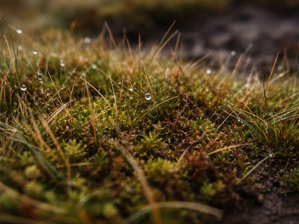 Gros plan sur un tapis d’herbe et de mousse humide de montagne, texture rappelant un “faing”.