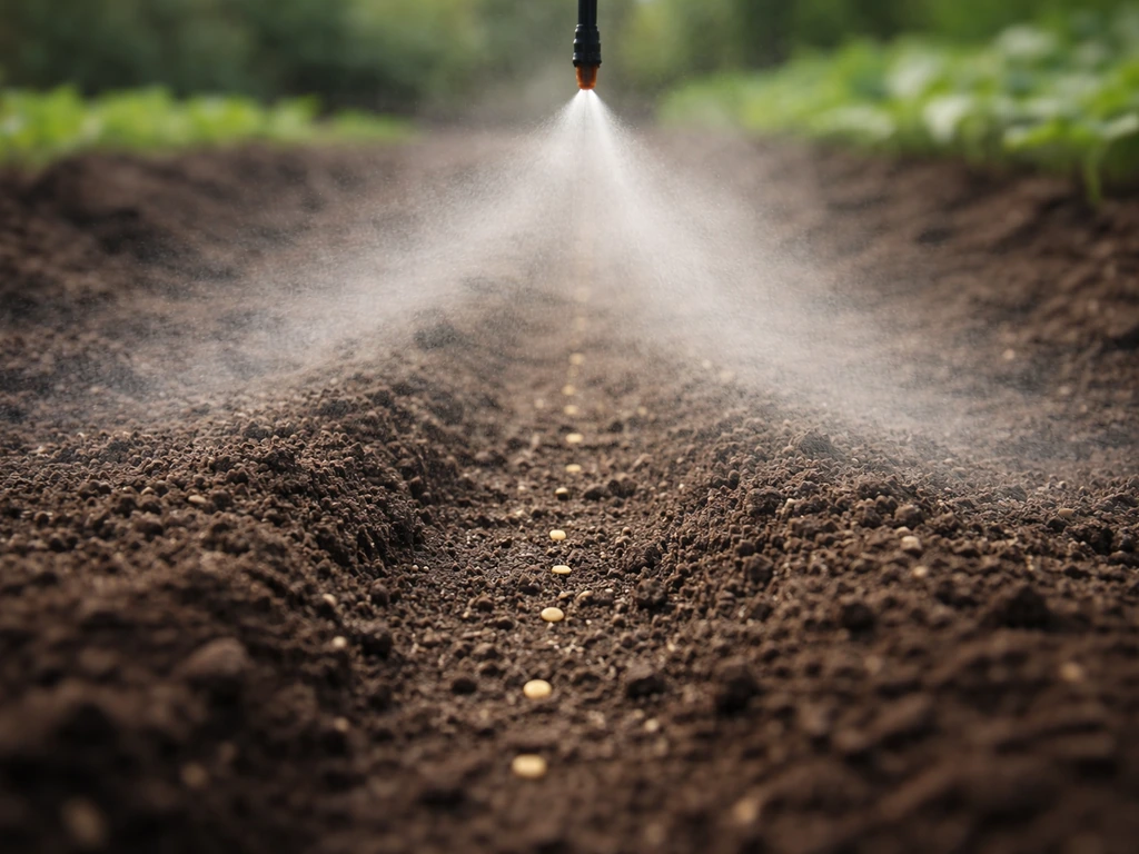 Brumisation d’un arroseur fin sur un lit de semis fraîchement plantés avant la levée, sol humide visible.