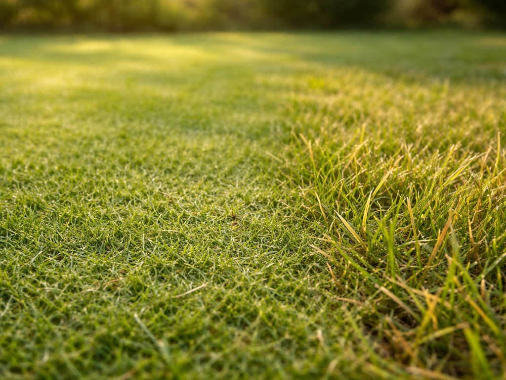 Gazon tondu très court avec herbe fraîchement verte à côté de brins jaunissant sous la chaleur.