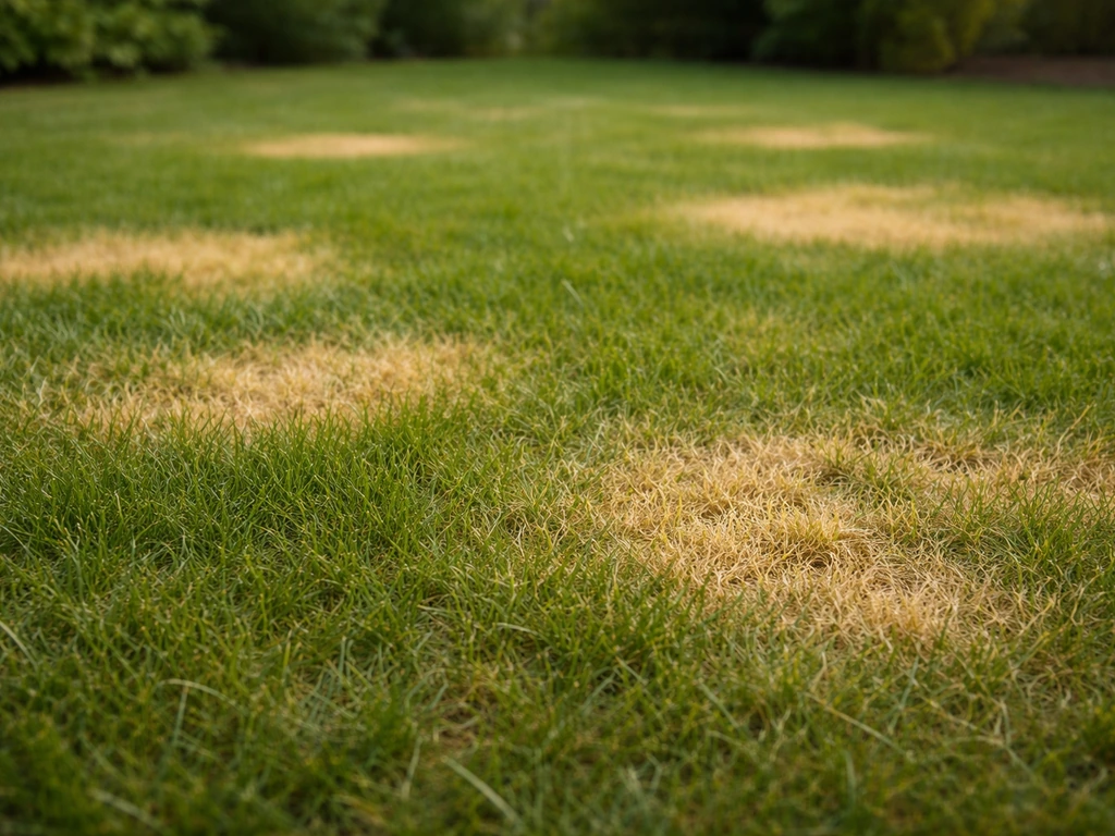 Pelouse avec plusieurs taches jaunes irrégulières contrastant avec le vert autour, vue de près.