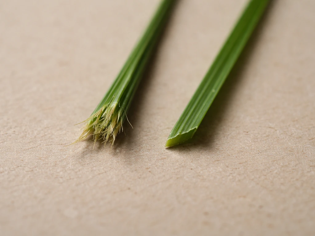 Deux brins d’herbe coupés : une extrémité effilochée à gauche et une coupe nette à droite.