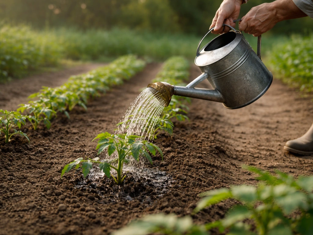 Une main arrose un potager au pied des plants avec un sol humide en profondeur, sans eau stagnante.