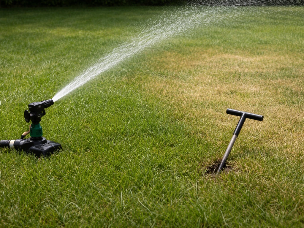 Arroseur à aspersion sur pelouse, une zone plus sèche et une tarière au sol pour vérifier la profondeur d’humidification