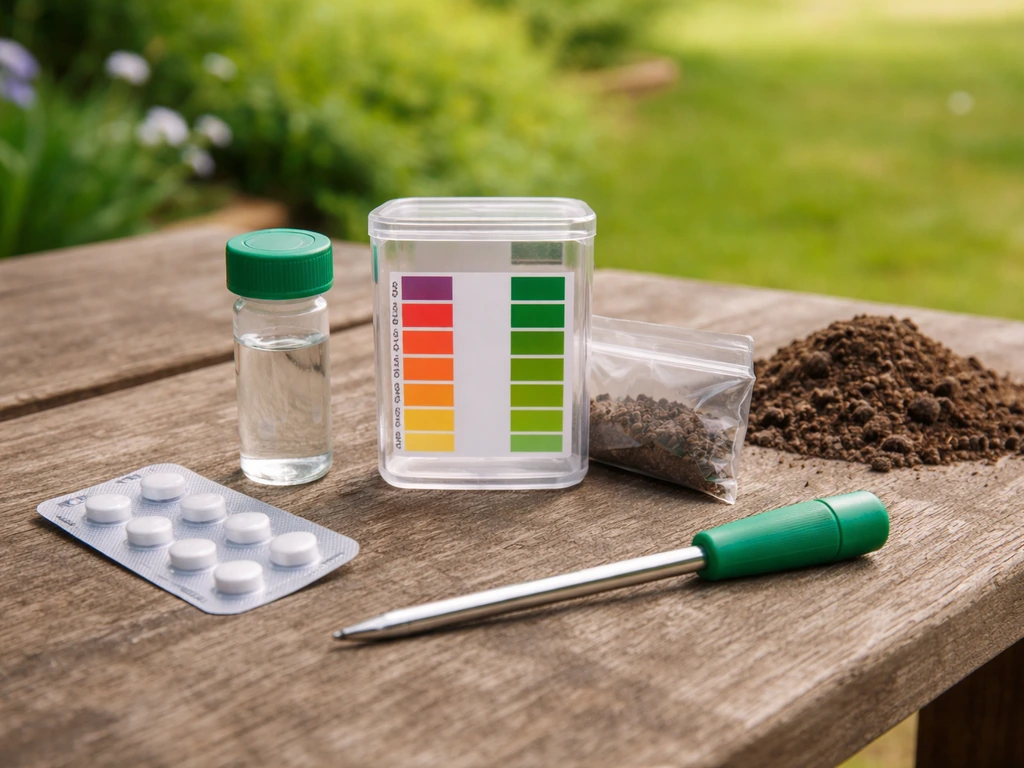 Kit de test du pH du sol sur une table de jardin avec pastilles, sonde et échelle de couleurs.