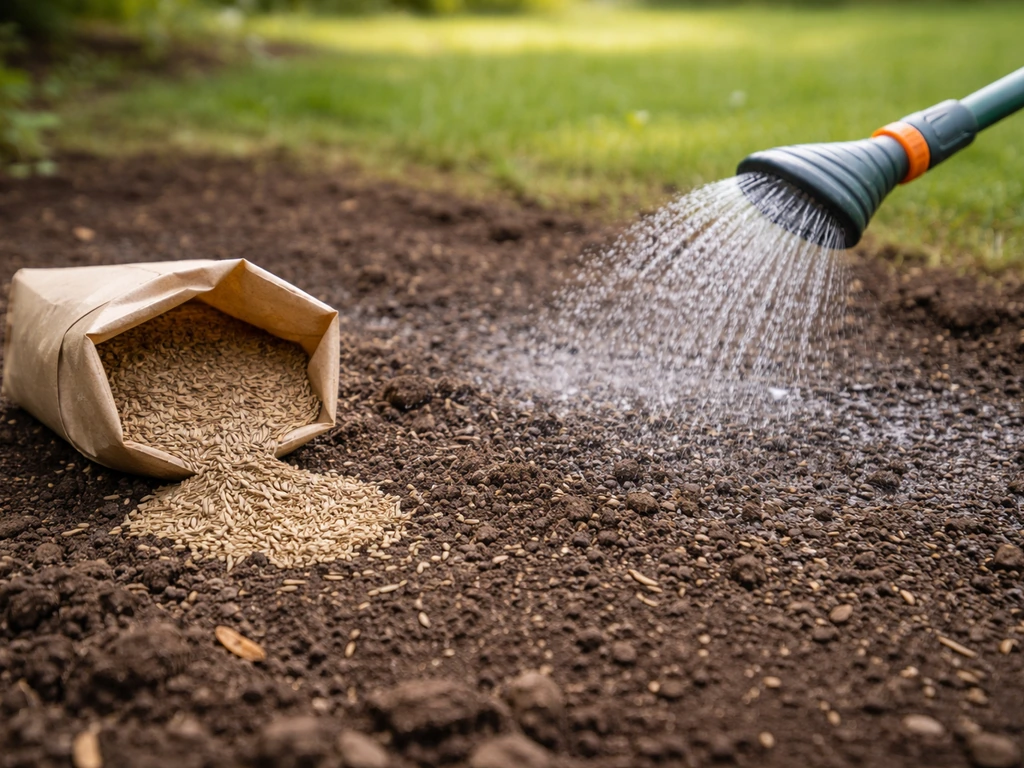 Semis de gazon à pousse lente : sac de graines, terre meuble et arrosage doux au tuyau